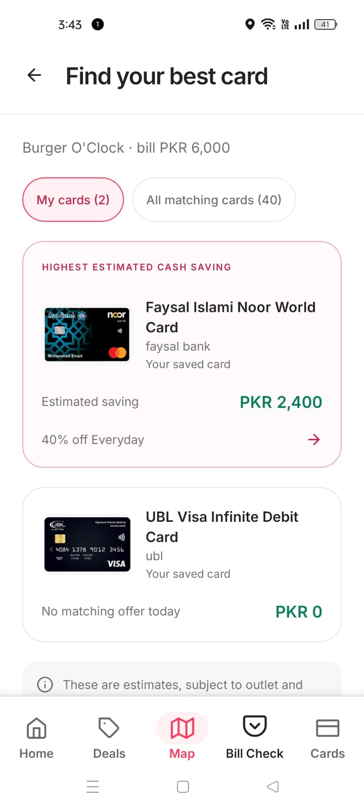Card comparison showing estimated cash savings for your bill