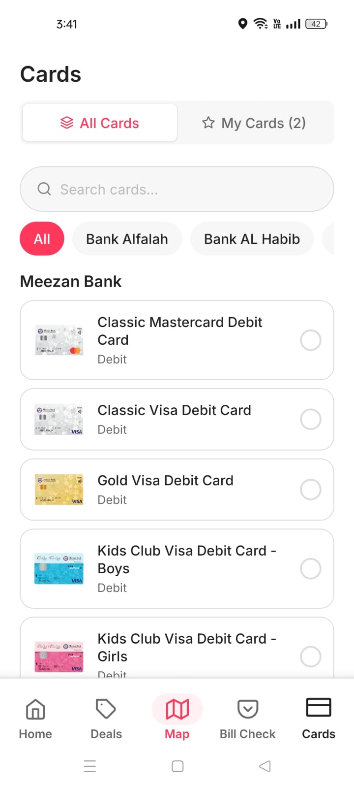 Card catalogue to select your bank and card type