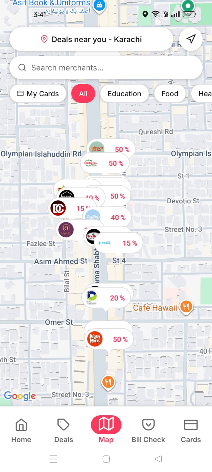 Nearby merchant offers on the Card Wise map