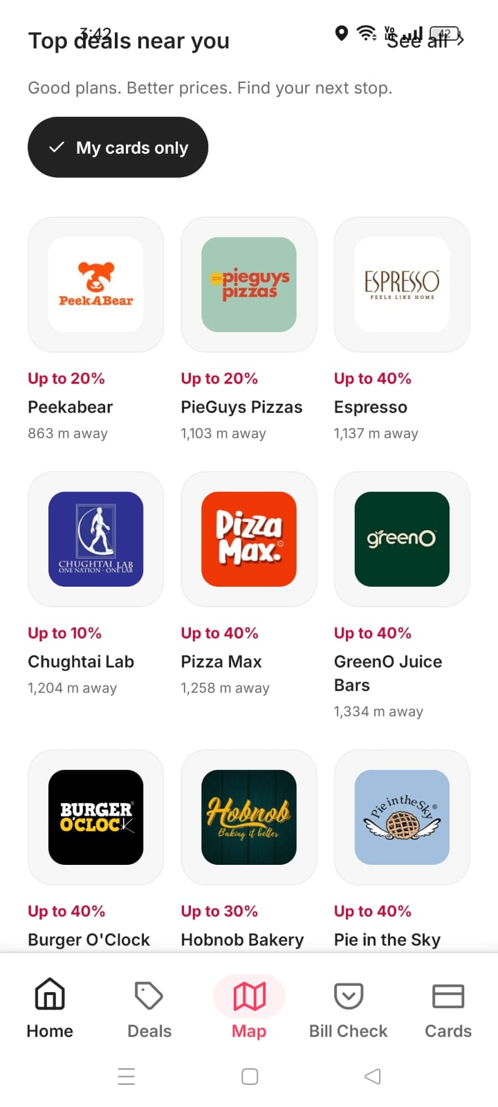Nearby merchants sorted by distance with available card discounts